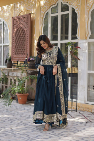Teal Purple Premium Faux Blooming Embroidered Gown Set with Designer Dupatta ClothsVilla