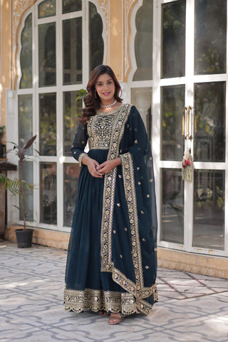 Teal Purple Premium Faux Blooming Embroidered Gown Set with Designer Dupatta ClothsVilla