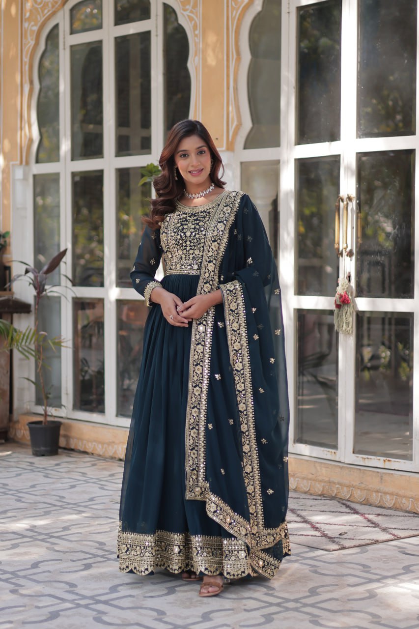 Teal Purple Premium Faux Blooming Embroidered Gown Set with Designer Dupatta ClothsVilla Main image