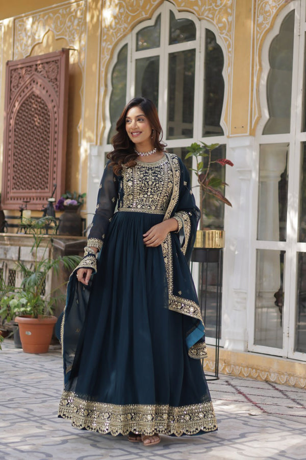 Teal Purple Premium Faux Blooming Embroidered Gown Set with Designer Dupatta ClothsVilla