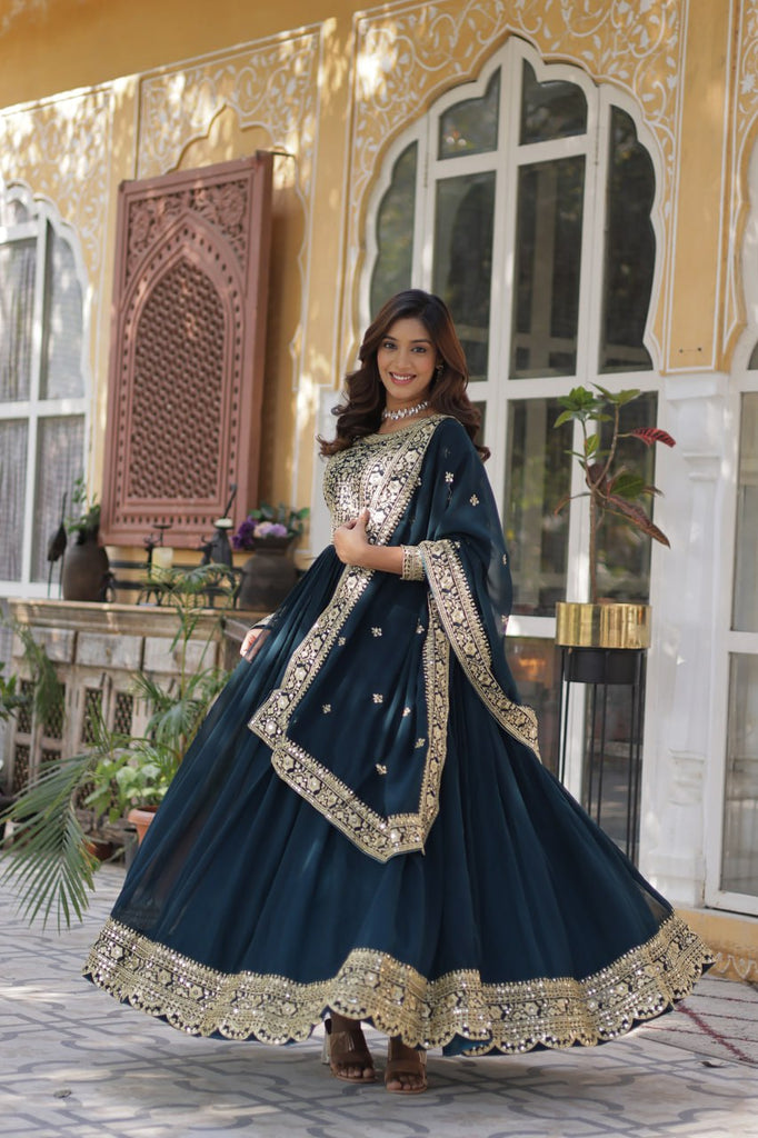 Teal Purple Premium Faux Blooming Embroidered Gown Set with Designer Dupatta ClothsVilla