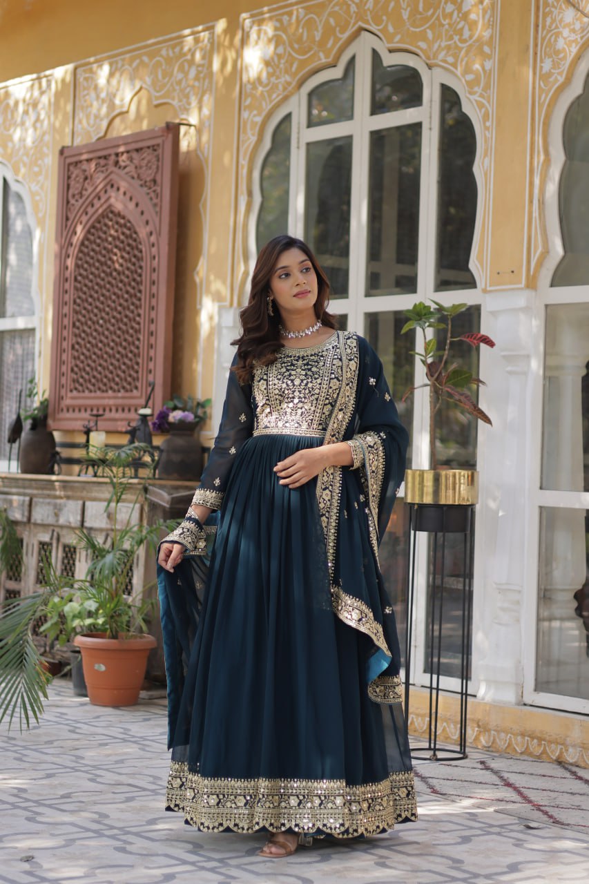 Teal Purple Premium Faux Blooming Embroidered Gown Set with Designer Dupatta ClothsVilla