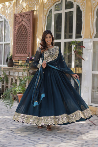 Teal Purple Premium Faux Blooming Embroidered Gown Set with Designer Dupatta ClothsVilla