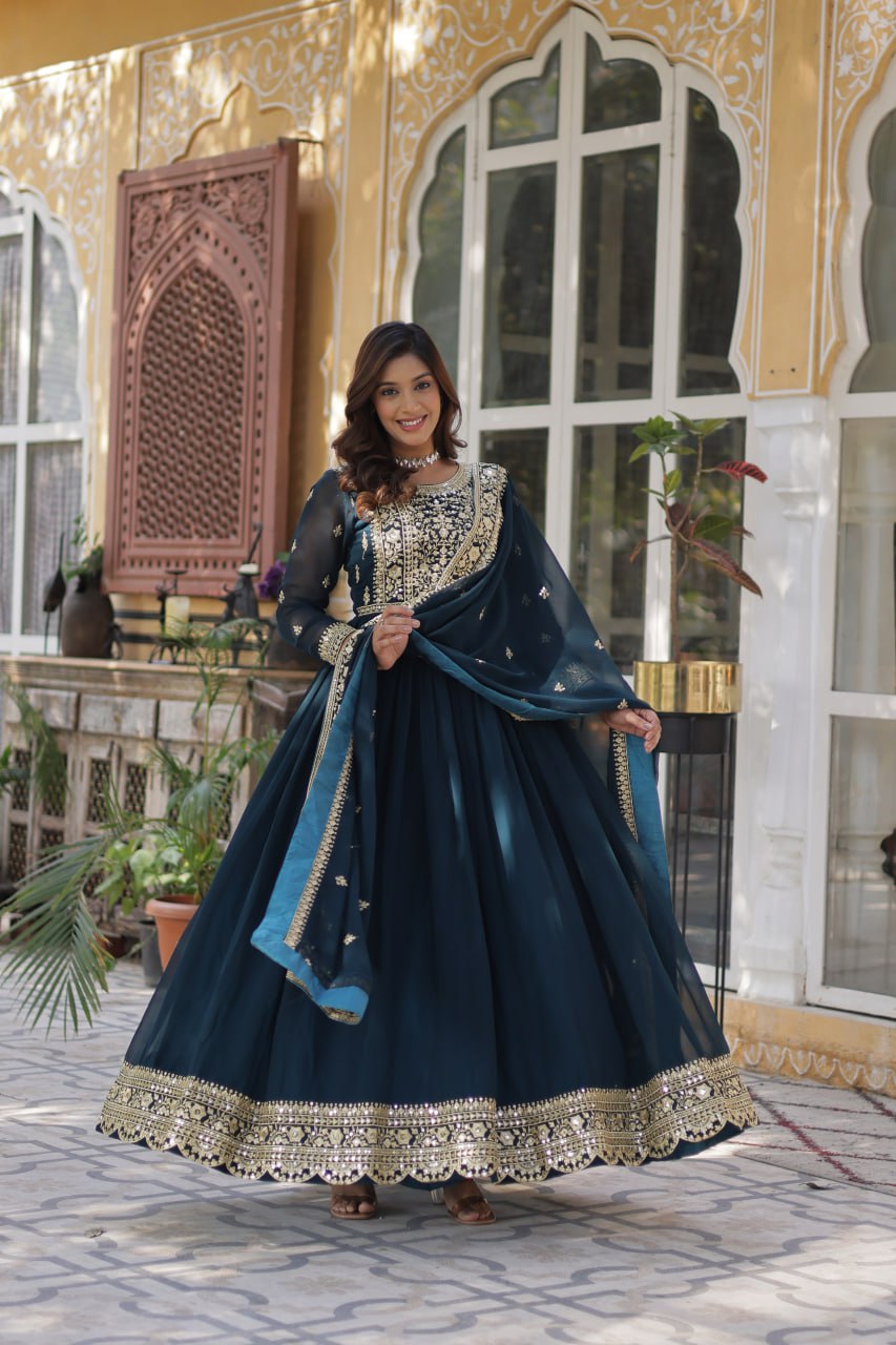 Teal Purple Premium Faux Blooming Embroidered Gown Set with Designer Dupatta ClothsVilla
