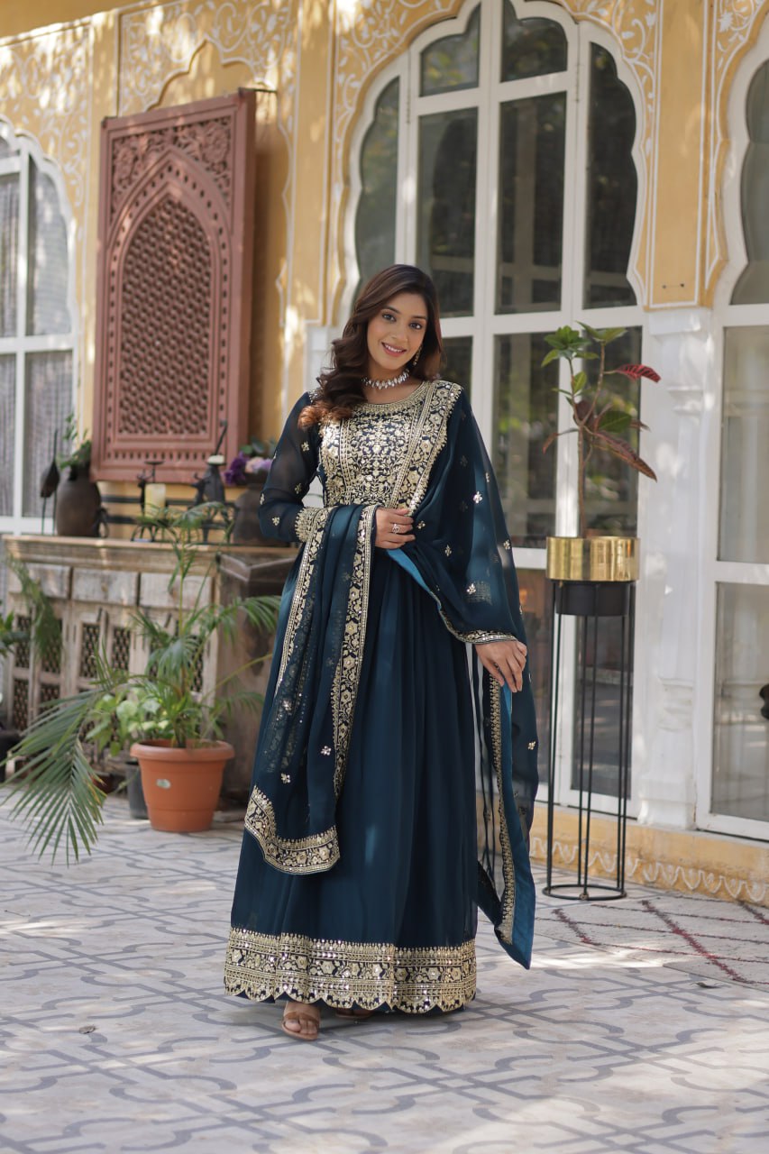 Teal Purple Premium Faux Blooming Embroidered Gown Set with Designer Dupatta ClothsVilla