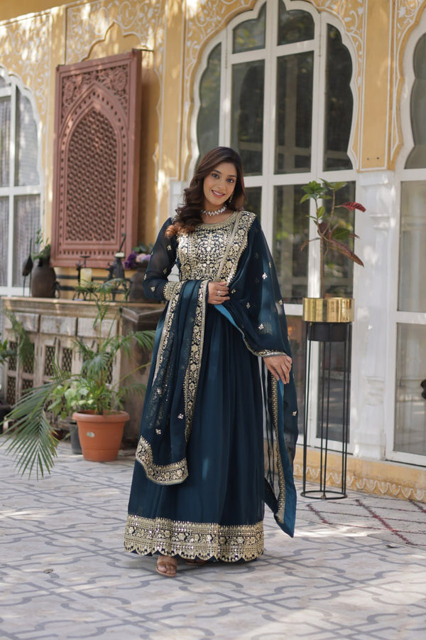 Teal Purple Premium Faux Blooming Embroidered Gown Set with Designer Dupatta ClothsVilla