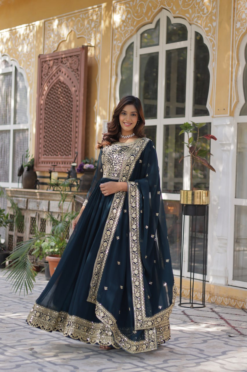 Teal Purple Premium Faux Blooming Embroidered Gown Set with Designer Dupatta ClothsVilla