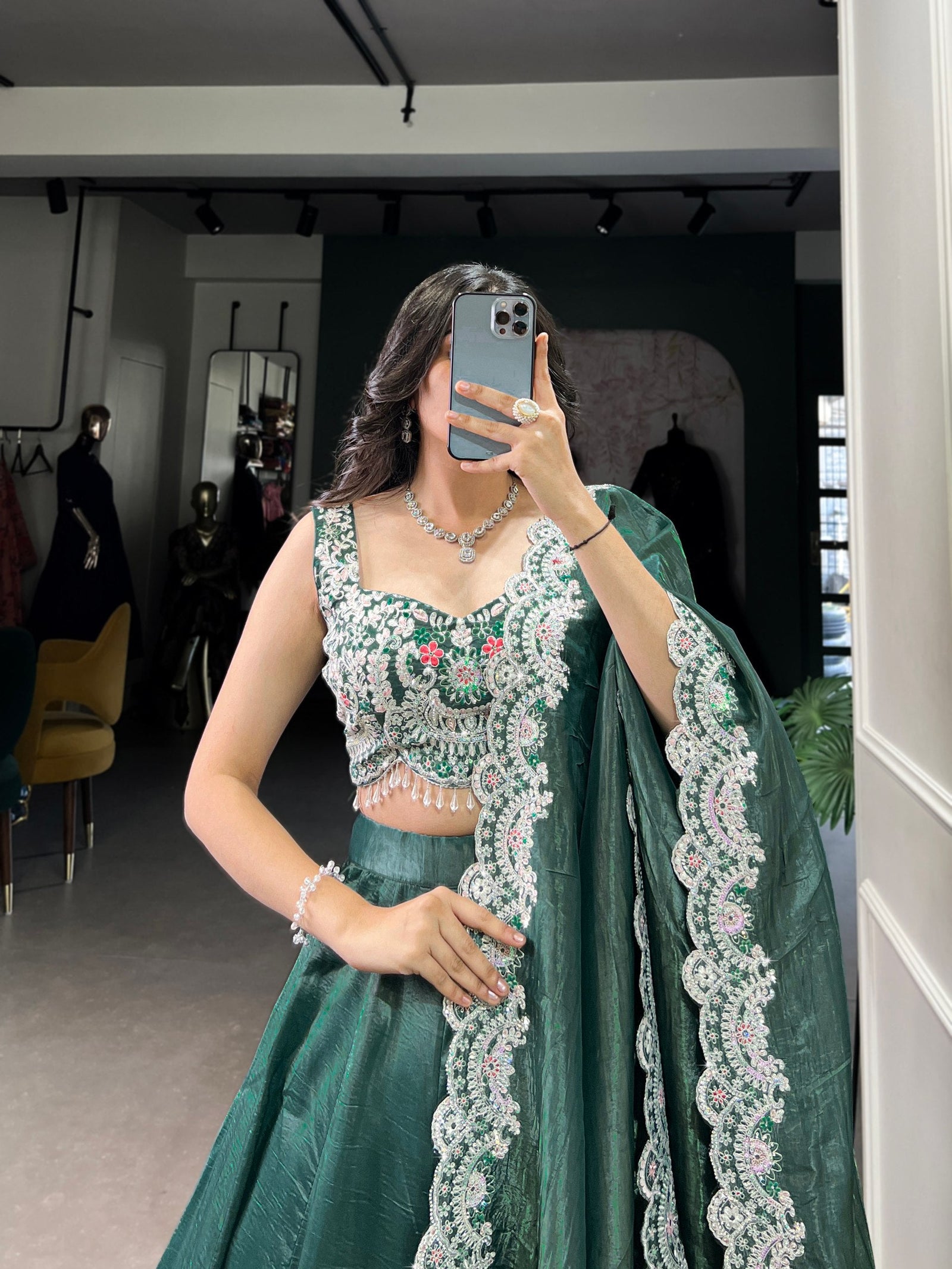 Teal Radiant Gold Crush Lehenga Set – Luxe Elegance with Jarkan Diamond & Sequin Embroidery ClothsVilla