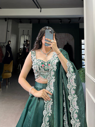 Teal Radiant Gold Crush Lehenga Set – Luxe Elegance with Jarkan Diamond & Sequin Embroidery ClothsVilla