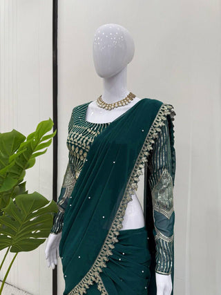 Teal Ready-to-Wear Faux Georgette Lehenga Saree with Embroidered Choli & Rivet Moti Work ClothsVilla