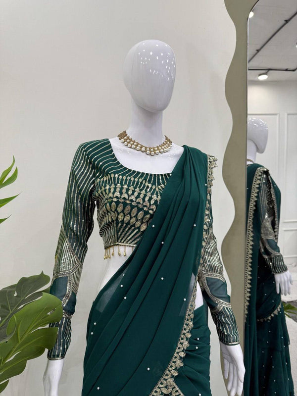 Teal Ready-to-Wear Faux Georgette Lehenga Saree with Embroidered Choli & Rivet Moti Work ClothsVilla