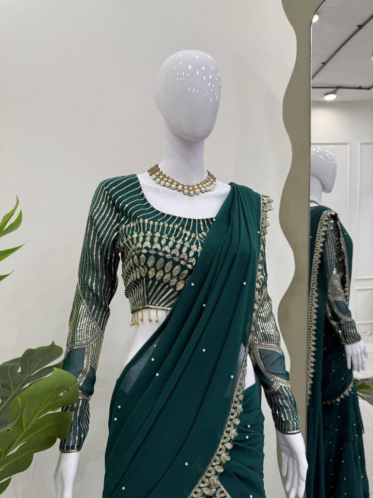 Teal Ready-to-Wear Faux Georgette Lehenga Saree with Embroidered Choli & Rivet Moti Work ClothsVilla
