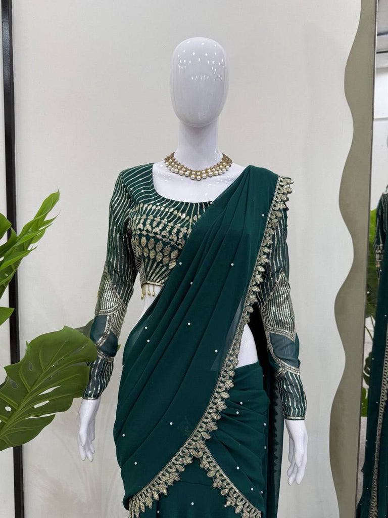 Teal Ready-to-Wear Faux Georgette Lehenga Saree with Embroidered Choli & Rivet Moti Work ClothsVilla