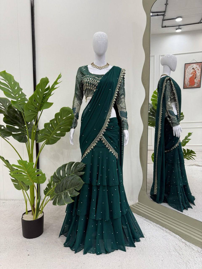 Teal Ready-to-Wear Faux Georgette Lehenga Saree with Embroidered Choli & Rivet Moti Work ClothsVilla