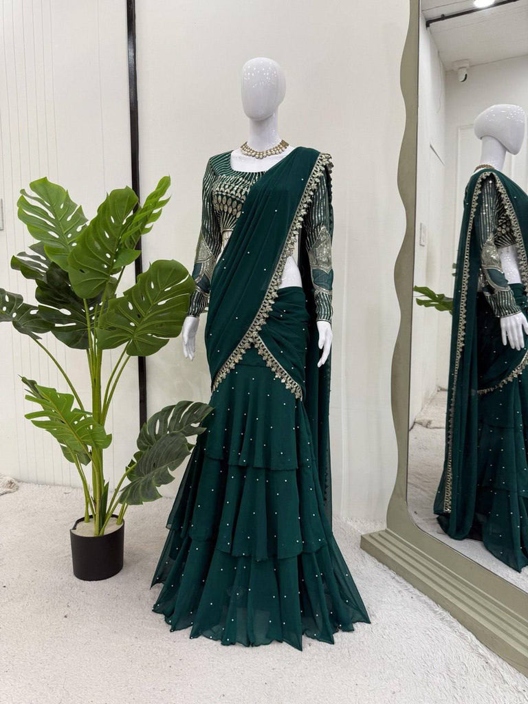 Teal Ready-to-Wear Faux Georgette Lehenga Saree with Embroidered Choli & Rivet Moti Work ClothsVilla