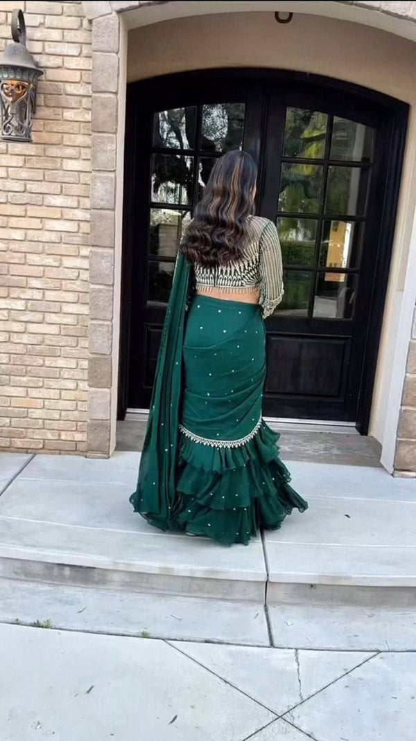 Teal Ready-to-Wear Faux Georgette Lehenga Saree with Embroidered Choli & Rivet Moti Work ClothsVilla