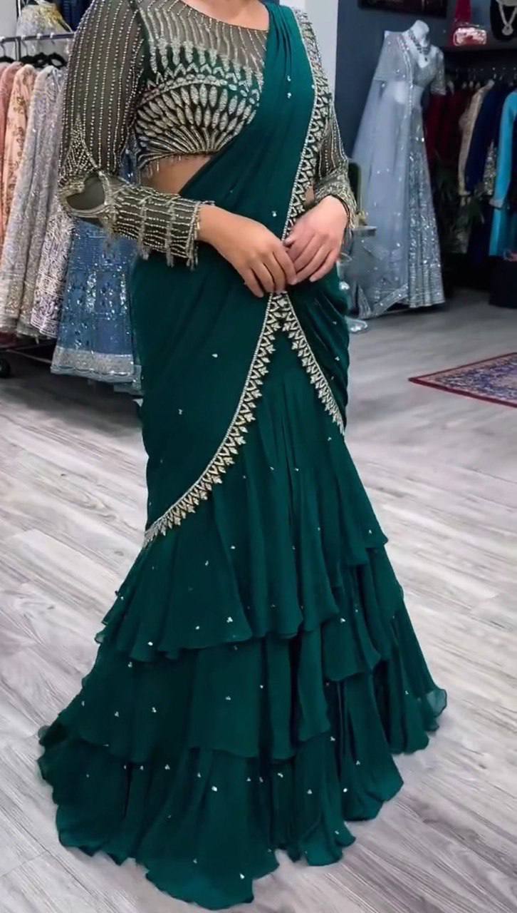 Teal Ready-to-Wear Faux Georgette Lehenga Saree with Embroidered Choli & Rivet Moti Work ClothsVilla