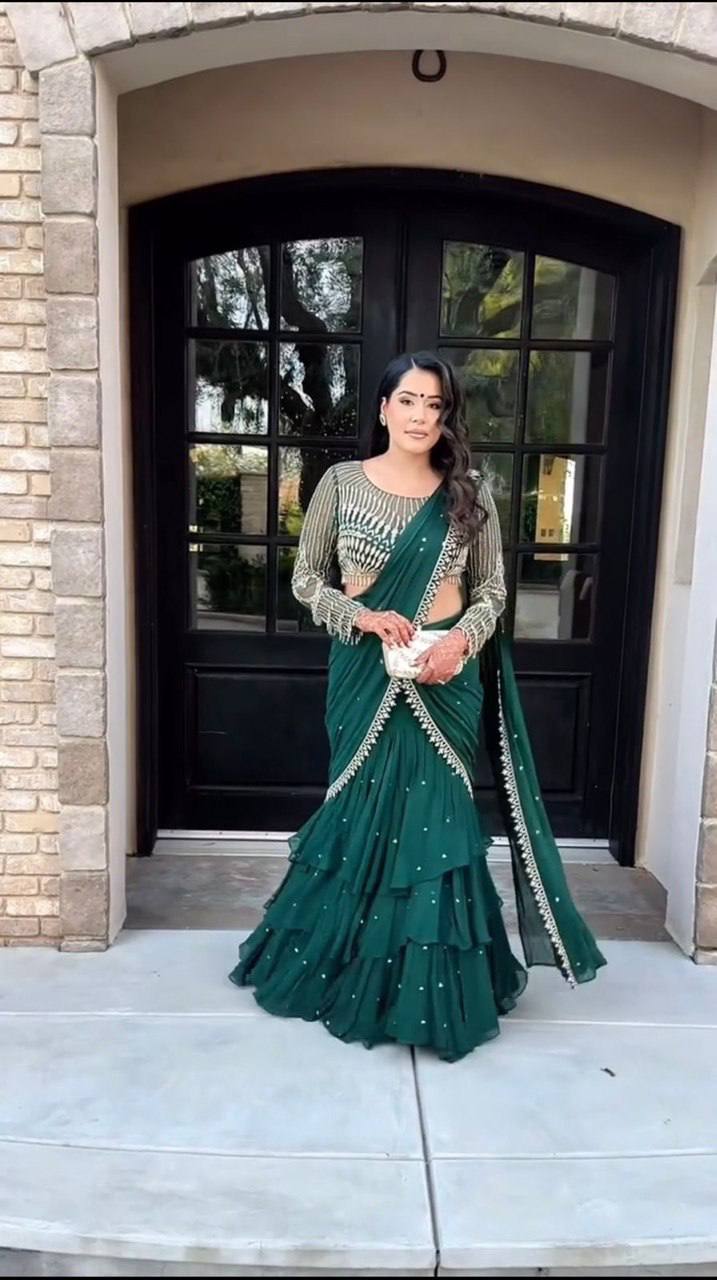 Teal Ready-to-Wear Faux Georgette Lehenga Saree with Embroidered Choli & Rivet Moti Work ClothsVilla Main image