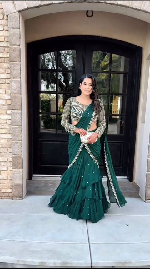 Teal Ready-to-Wear Faux Georgette Lehenga Saree with Embroidered Choli & Rivet Moti Work ClothsVilla Main image