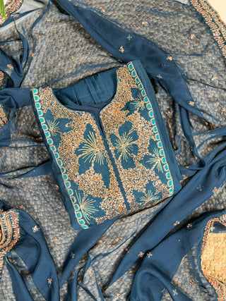 Teal Roman Silk Sequins & Thread Embroidered Kurti Pant Set with Organza Embroidered Dupatta – Stitched Premium Ensemble ClothsVilla