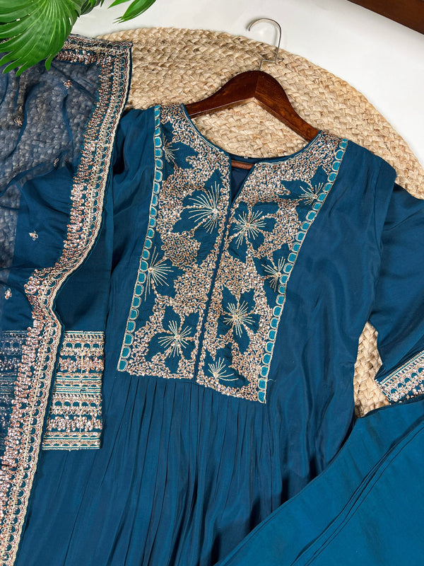 Teal Roman Silk Sequins & Thread Embroidered Kurti Pant Set with Organza Embroidered Dupatta – Stitched Premium Ensemble ClothsVilla