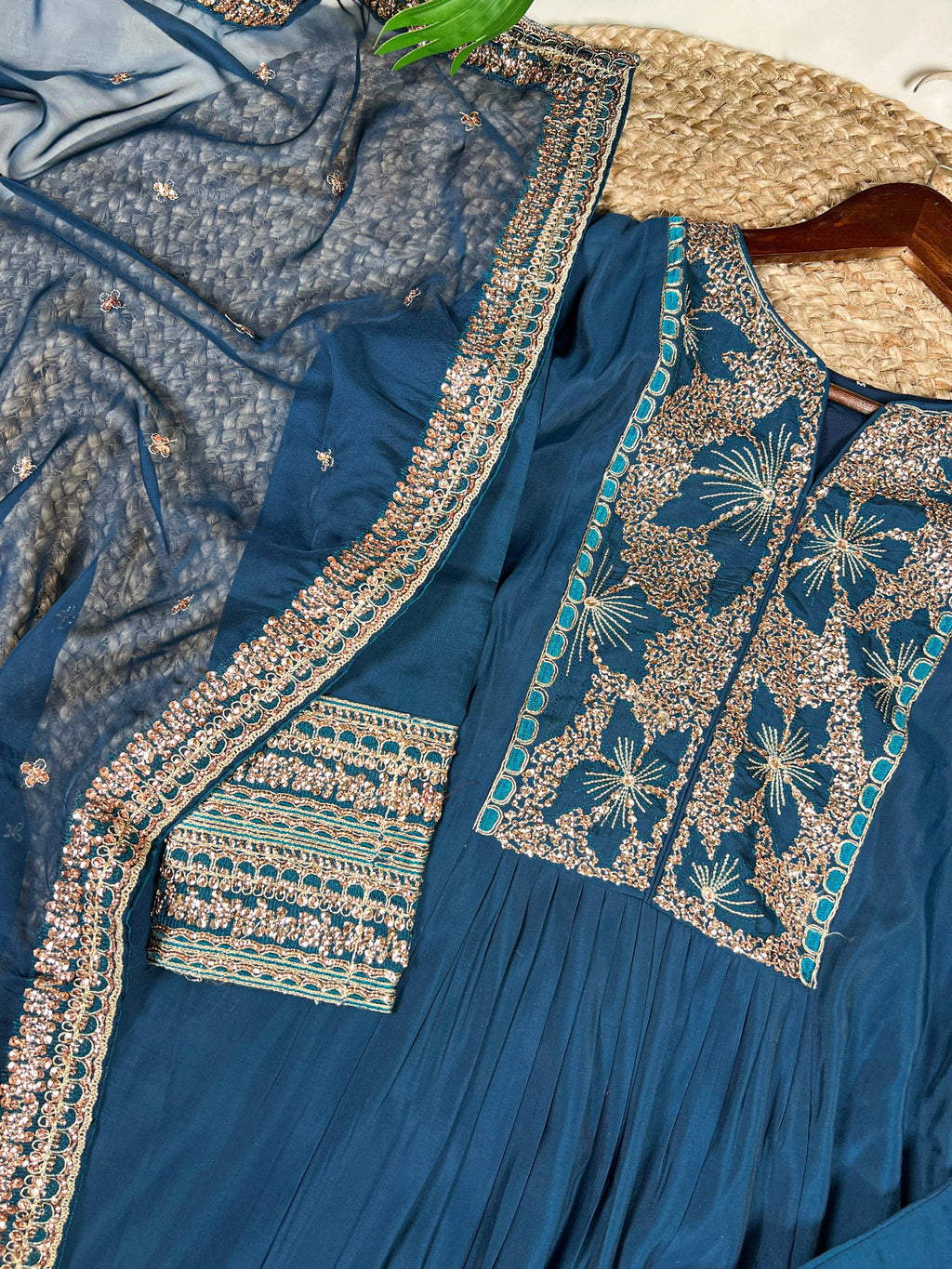 Teal Roman Silk Sequins & Thread Embroidered Kurti Pant Set with Organza Embroidered Dupatta – Stitched Premium Ensemble ClothsVilla