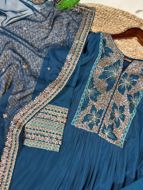Teal Roman Silk Sequins & Thread Embroidered Kurti Pant Set with Organza Embroidered Dupatta – Stitched Premium Ensemble ClothsVilla