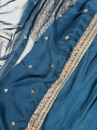 Teal Roman Silk Sequins & Thread Embroidered Kurti Pant Set with Organza Embroidered Dupatta – Stitched Premium Ensemble ClothsVilla