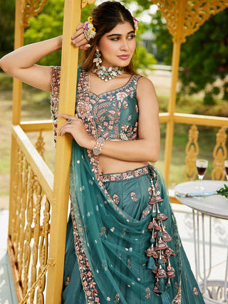 Teal Satin Lehenga Choli Set with Net Dupatta Heavy Embroidered indian Outfit ClothsVilla