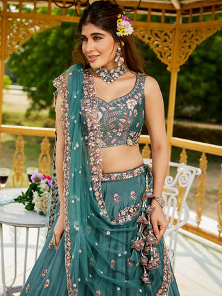Teal Satin Lehenga Choli Set with Net Dupatta Heavy Embroidered indian Outfit ClothsVilla