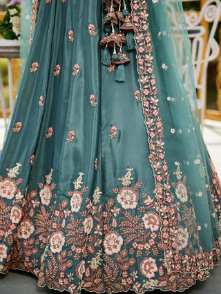 Teal Satin Lehenga Choli Set with Net Dupatta Heavy Embroidered indian Outfit ClothsVilla