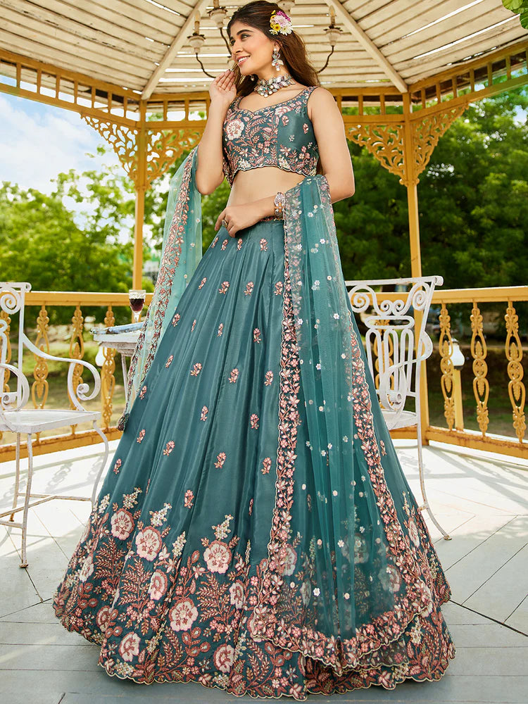 Teal Satin Lehenga Choli Set with Net Dupatta Heavy Embroidered indian Outfit ClothsVilla