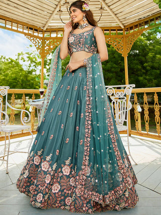 Teal Satin Lehenga Choli Set with Net Dupatta Heavy Embroidered indian Outfit ClothsVilla