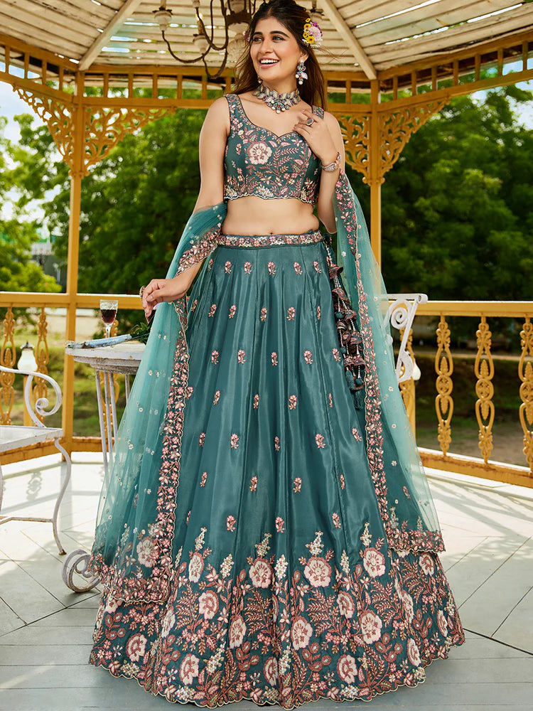 Teal Satin Lehenga Choli Set with Net Dupatta Heavy Embroidered indian Outfit ClothsVilla