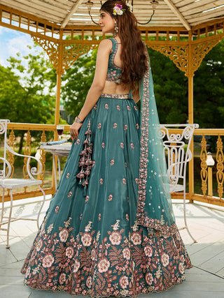 Teal Satin Lehenga Choli Set with Net Dupatta Heavy Embroidered indian Outfit ClothsVilla