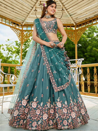 Teal Satin Lehenga Choli Set with Net Dupatta Heavy Embroidered indian Outfit ClothsVilla