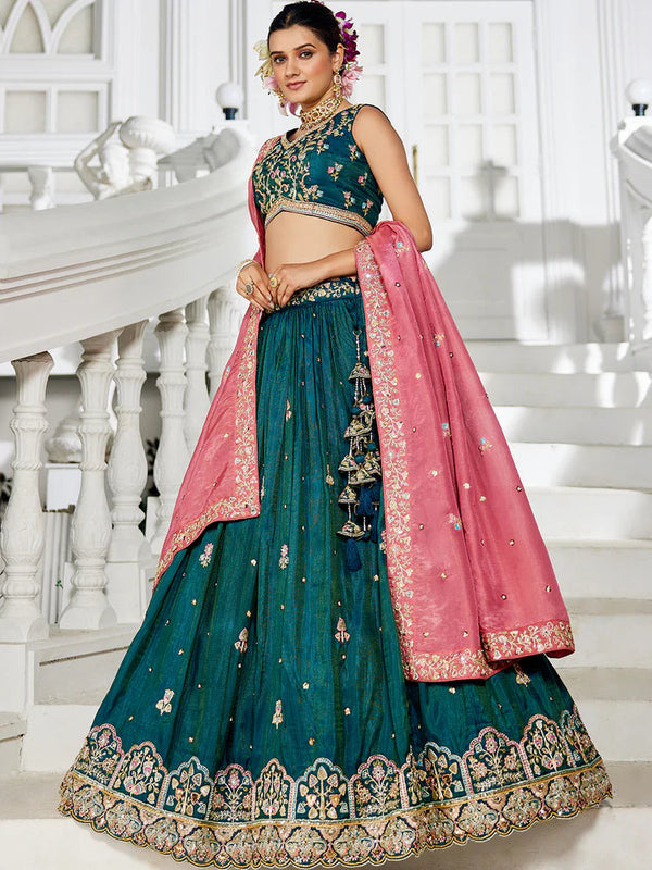 Teal Satin Semi-Stitched Lehenga Set with Moti, Sequins, Thread Embroidery and Pink Dupatta ClothsVilla