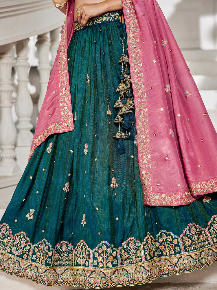 Teal Satin Semi-Stitched Lehenga Set with Moti, Sequins, Thread Embroidery and Pink Dupatta ClothsVilla