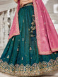 Load image into Gallery viewer, Teal Satin Semi-Stitched Lehenga Set with Moti, Sequins, Thread Embroidery and Pink Dupatta ClothsVilla