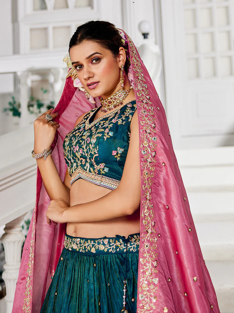 Teal Satin Semi-Stitched Lehenga Set with Moti, Sequins, Thread Embroidery and Pink Dupatta ClothsVilla