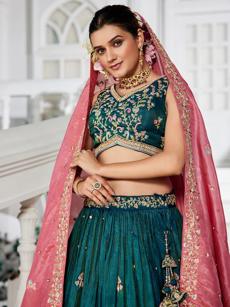 Teal Satin Semi-Stitched Lehenga Set with Moti, Sequins, Thread Embroidery and Pink Dupatta ClothsVilla
