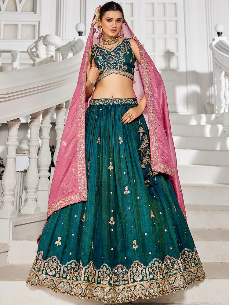 Teal Satin Semi-Stitched Lehenga Set with Moti, Sequins, Thread Embroidery and Pink Dupatta ClothsVilla
