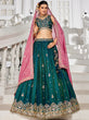 Load image into Gallery viewer, Teal Satin Semi-Stitched Lehenga Set with Moti, Sequins, Thread Embroidery and Pink Dupatta ClothsVilla
