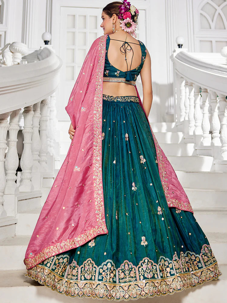 Teal Satin Semi-Stitched Lehenga Set with Moti, Sequins, Thread Embroidery and Pink Dupatta ClothsVilla