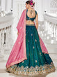 Load image into Gallery viewer, Teal Satin Semi-Stitched Lehenga Set with Moti, Sequins, Thread Embroidery and Pink Dupatta ClothsVilla