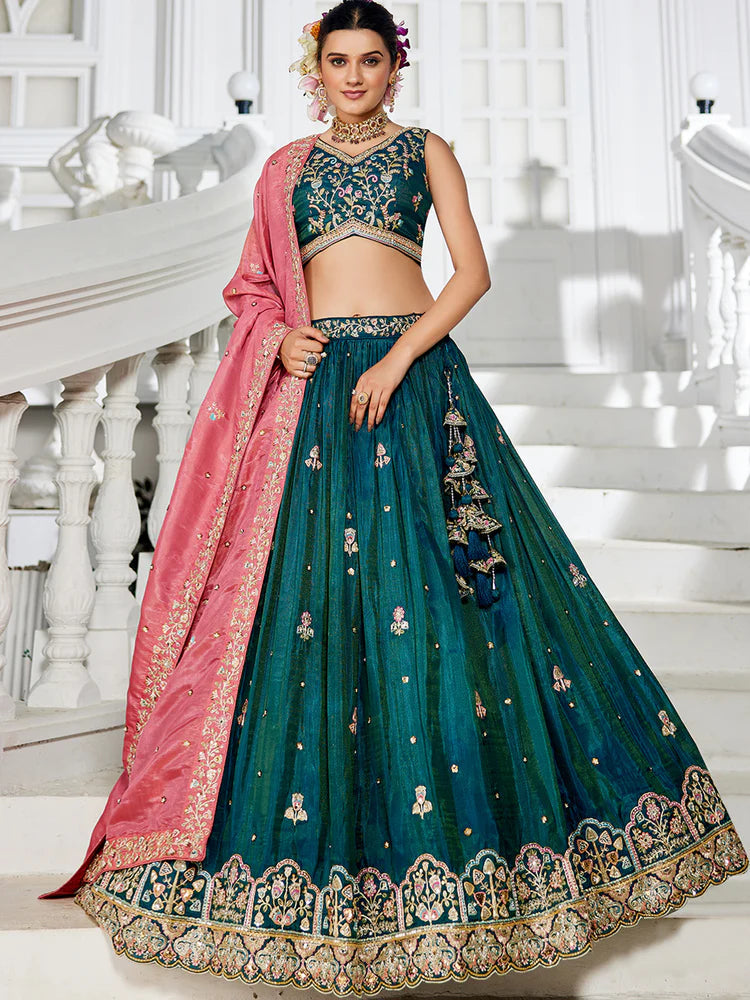 Teal Satin Semi-Stitched Lehenga Set with Moti, Sequins, Thread Embroidery and Pink Dupatta ClothsVilla Main image