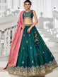 Load image into Gallery viewer, Teal Satin Semi-Stitched Lehenga Set with Moti, Sequins, Thread Embroidery and Pink Dupatta ClothsVilla