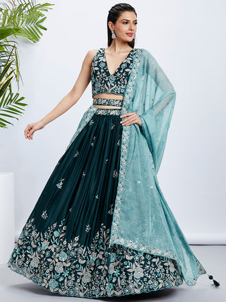Teal Sequin and Thread Embroidery Lehenga Choli Set with Dupatta ClothsVilla