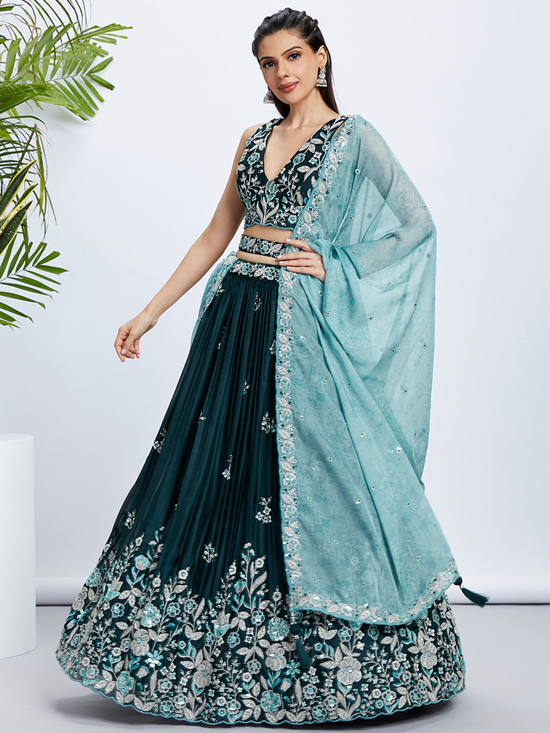 Teal Sequin and Thread Embroidery Lehenga Choli Set with Dupatta ClothsVilla