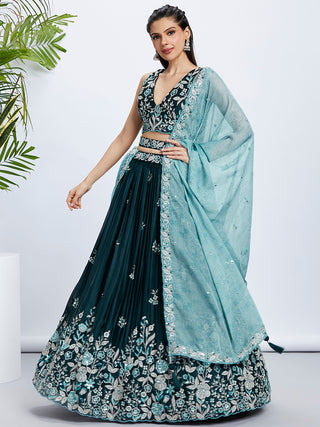 Teal Sequin and Thread Embroidery Lehenga Choli Set with Dupatta ClothsVilla